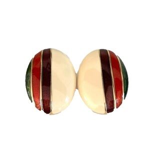 Large Oval Pierced Earrings Gold Tone Green Red Purple Enamel Striped